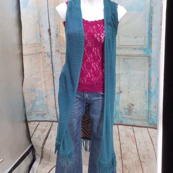 Teal Open Knit Sleeveless SmLong Cardigan With Fringe Hem & Geometric Back Panel - Picture 1 of 12